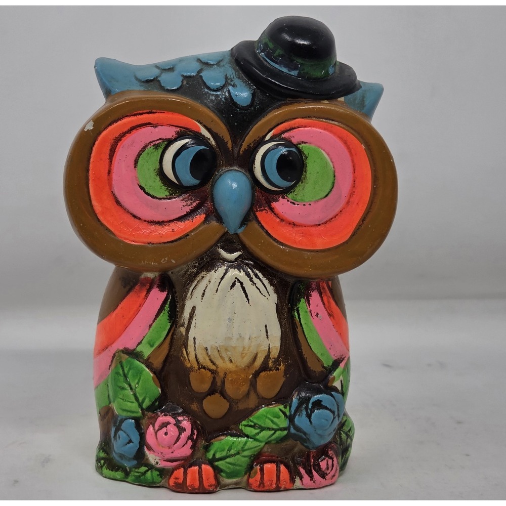 VINTAGE Colorful Chalkware Owl 6" Tall Coin Bank w/ Stopper